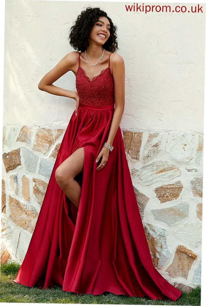 Satin With Milagros Ball-Gown/Princess Sweep V-neck Sequins Train Split Beading Prom Dresses Front