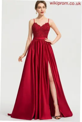 Satin With Milagros Ball-Gown/Princess Sweep V-neck Sequins Train Split Beading Prom Dresses Front