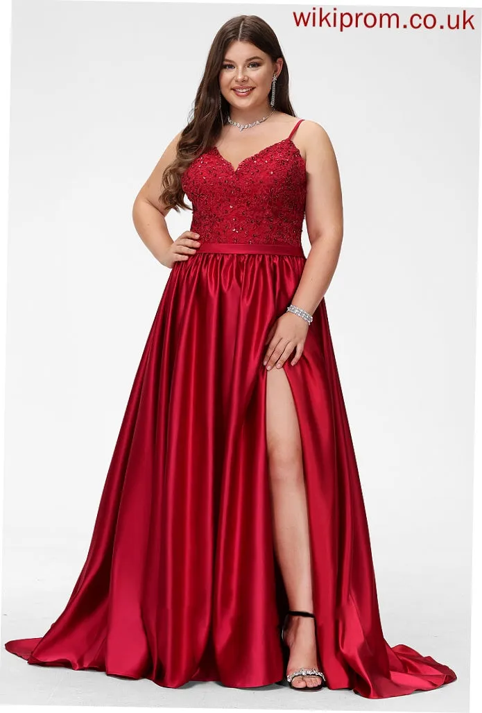 Satin With Milagros Ball-Gown/Princess Sweep V-neck Sequins Train Split Beading Prom Dresses Front