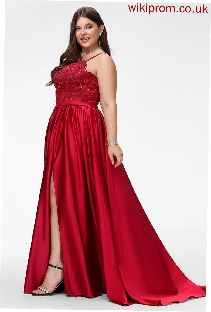 Satin With Milagros Ball-Gown/Princess Sweep V-neck Sequins Train Split Beading Prom Dresses Front