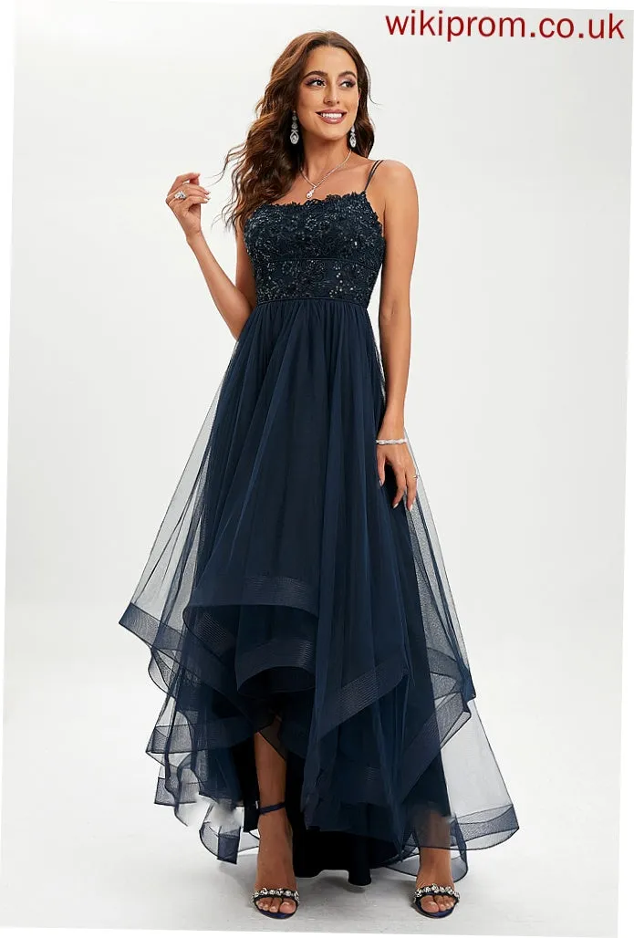 Scoop Ball-Gown/Princess Neck Prom Dresses Sequins Lace With Asymmetrical Tulle Livia