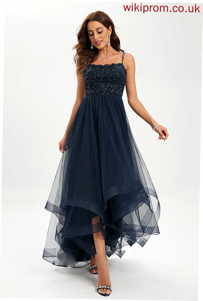 Scoop Ball-Gown/Princess Neck Prom Dresses Sequins Lace With Asymmetrical Tulle Livia