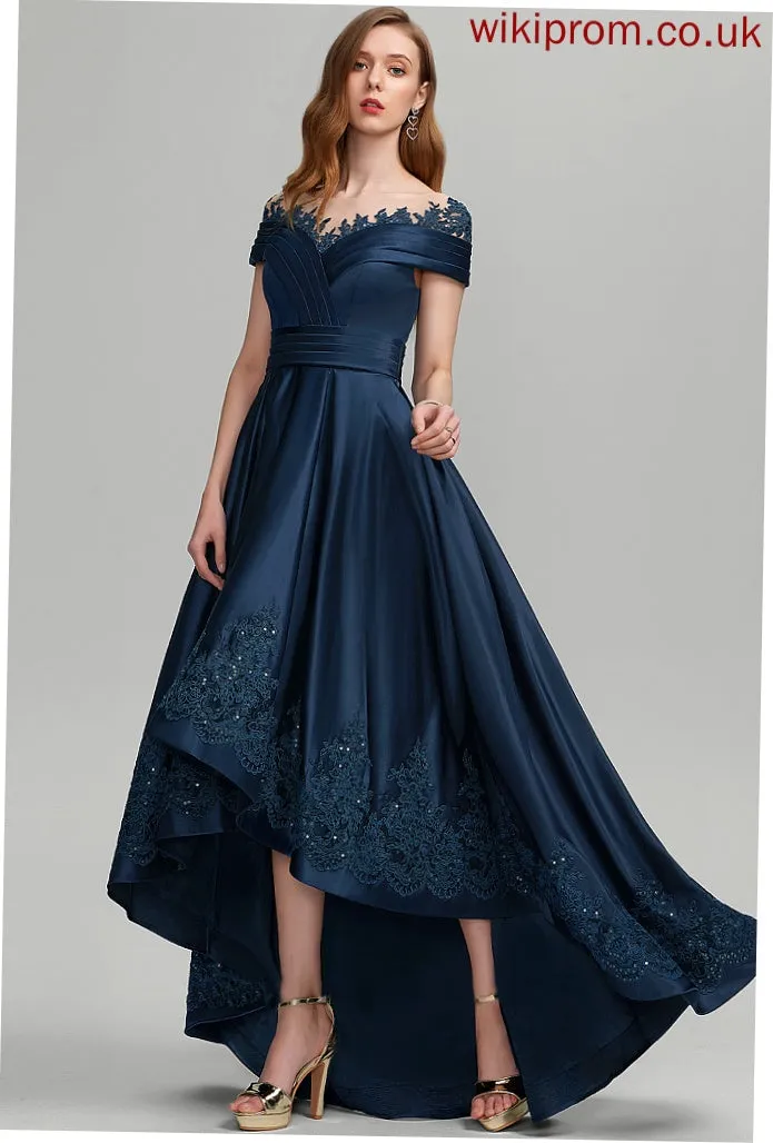 Sequins With Neck Satin Prom Dresses Scoop Asymmetrical Pockets Maleah Ball-Gown/Princess