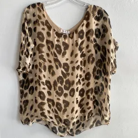 Silk Kaftan Blouse with Round Neck/Wavy Bottom Leopard Beige