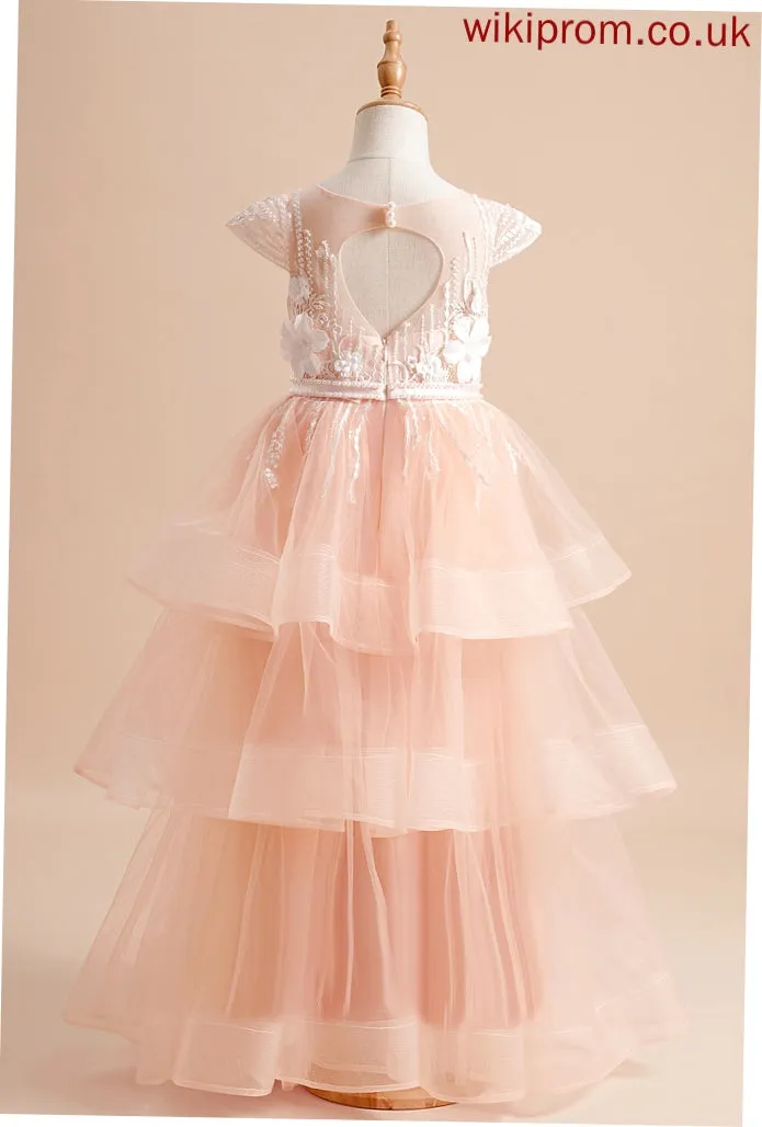 Sleeves - Girl Dress Floor-length Scoop Ball-Gown/Princess Beading/Flower(s)/Bow(s) Bryanna With Flower Girl Dresses Flower Neck Tulle Short