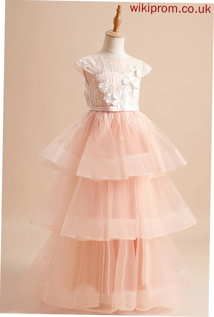 Sleeves - Girl Dress Floor-length Scoop Ball-Gown/Princess Beading/Flower(s)/Bow(s) Bryanna With Flower Girl Dresses Flower Neck Tulle Short