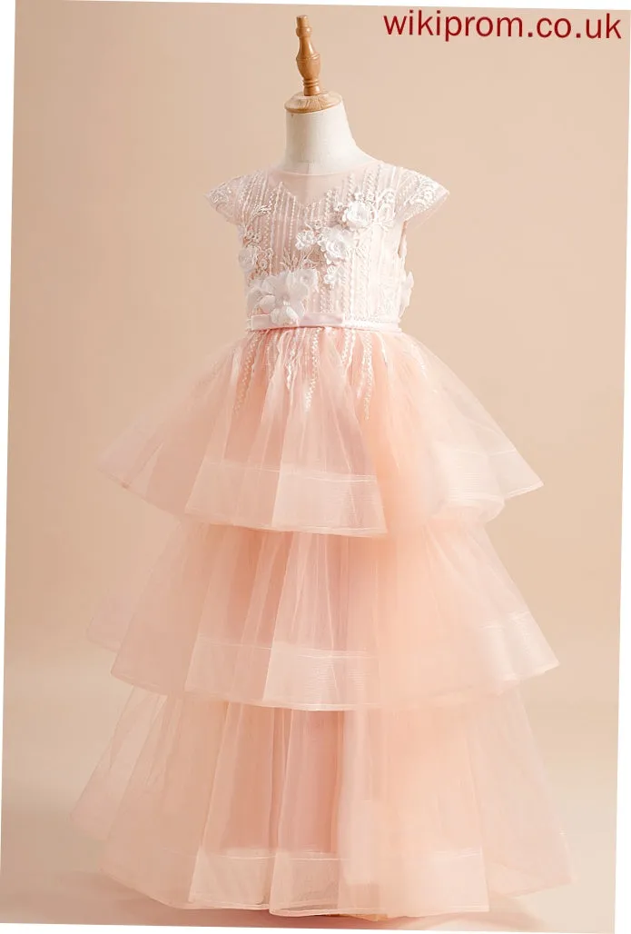 Sleeves - Girl Dress Floor-length Scoop Ball-Gown/Princess Beading/Flower(s)/Bow(s) Bryanna With Flower Girl Dresses Flower Neck Tulle Short