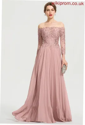 Sofia Sequins With Floor-Length Prom Dresses Pleated Ball-Gown/Princess Off-the-Shoulder Chiffon