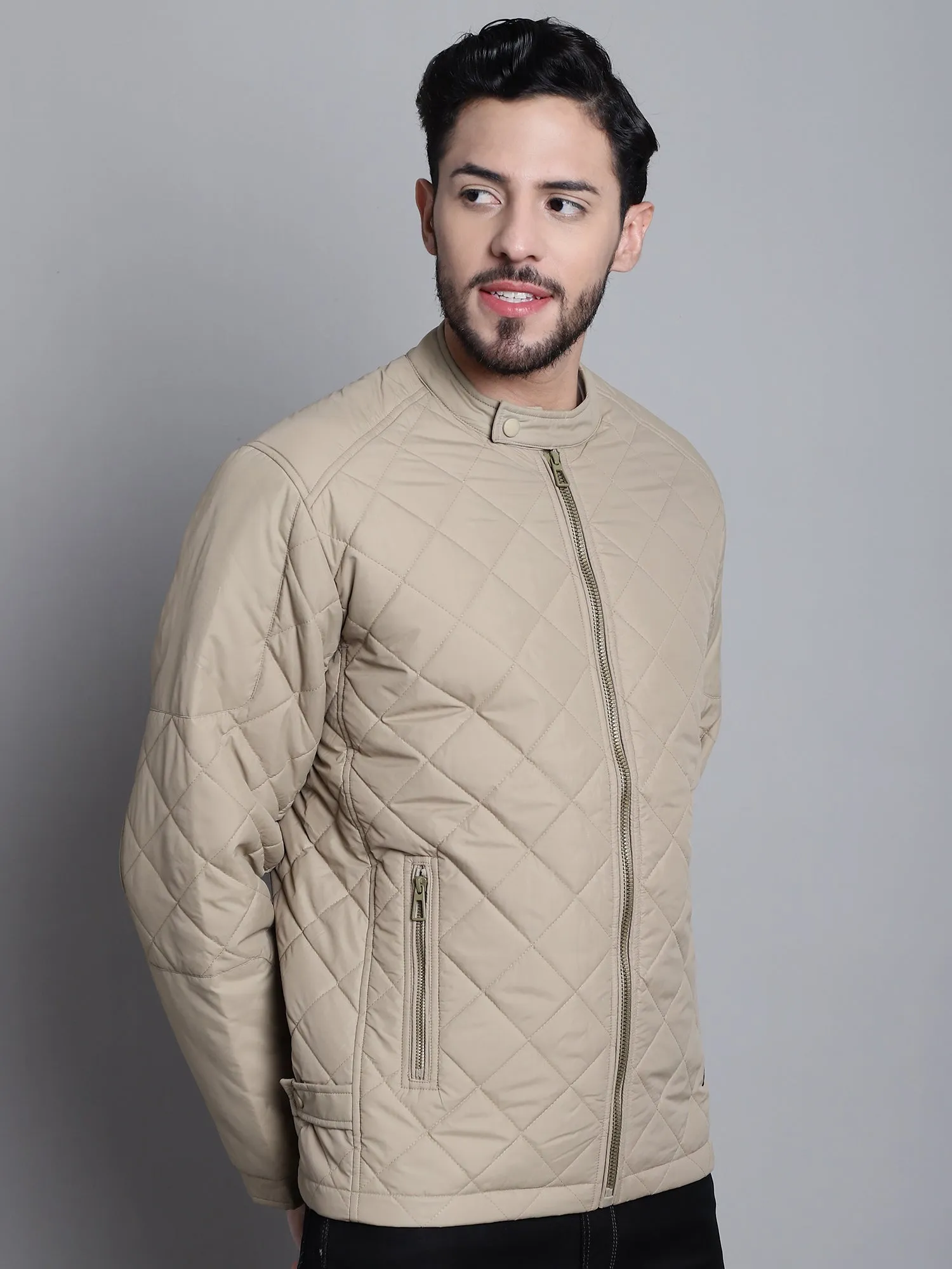 Solid Beige Full Sleeves Mock Collar Regular Fit Mens Casual Jacket