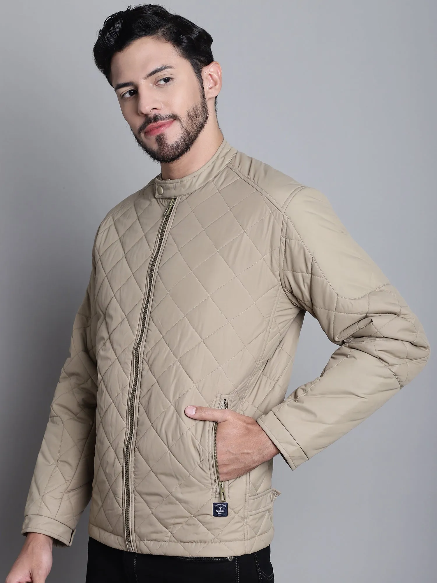 Solid Beige Full Sleeves Mock Collar Regular Fit Mens Casual Jacket