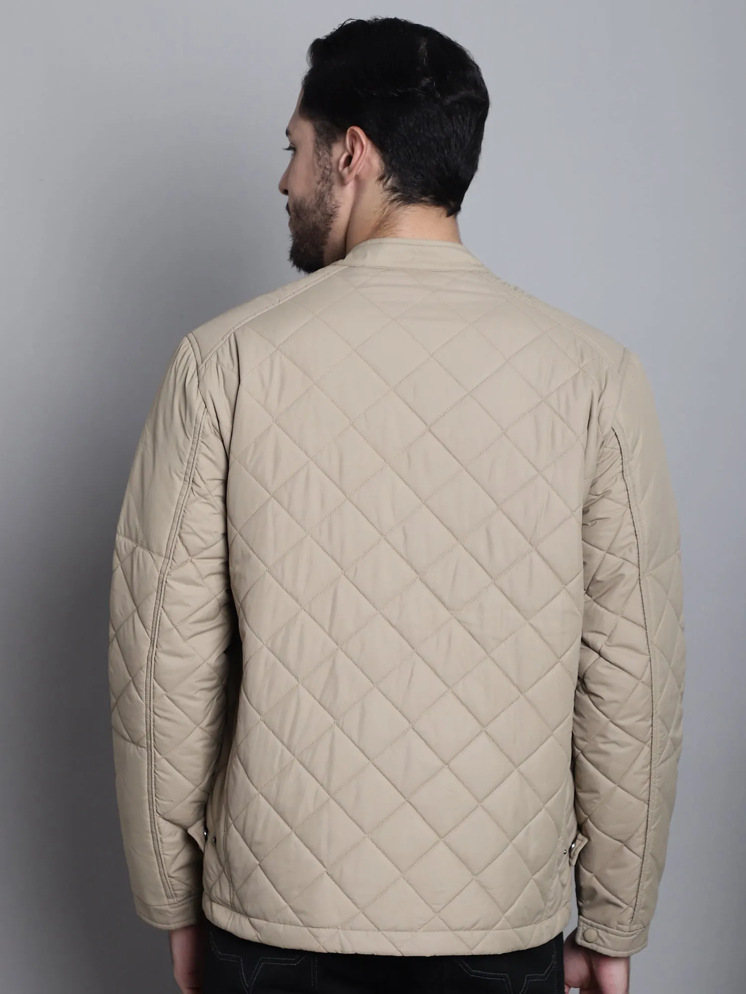 Solid Beige Full Sleeves Mock Collar Regular Fit Mens Casual Jacket