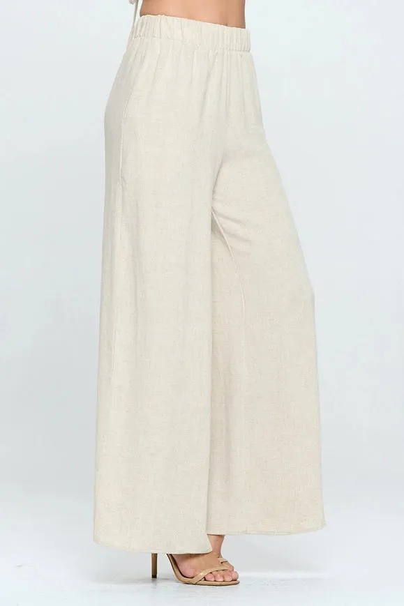 Solid Linen Wide Leg Pants With Pockets