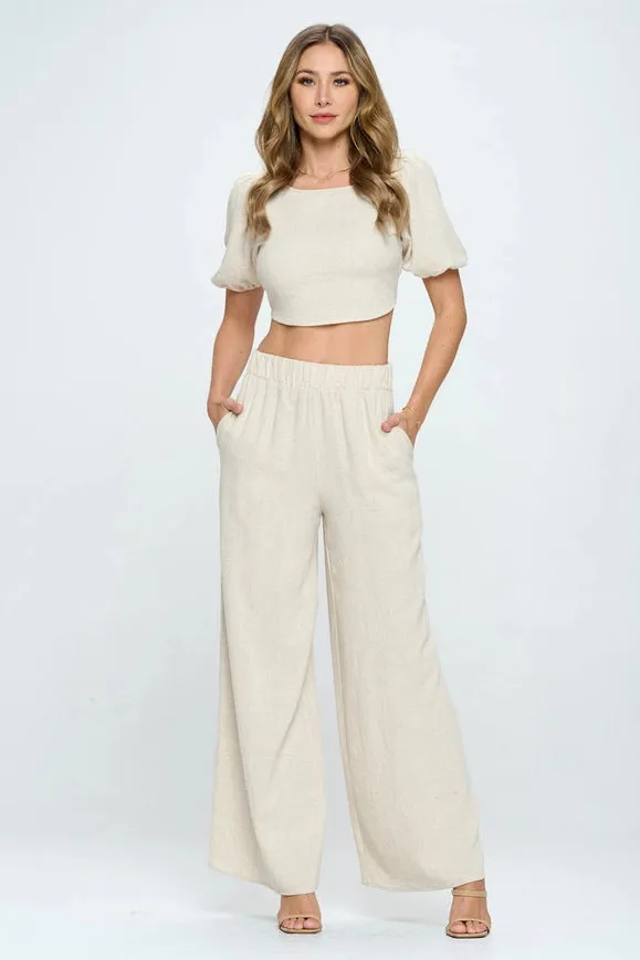 Solid Linen Wide Leg Pants With Pockets