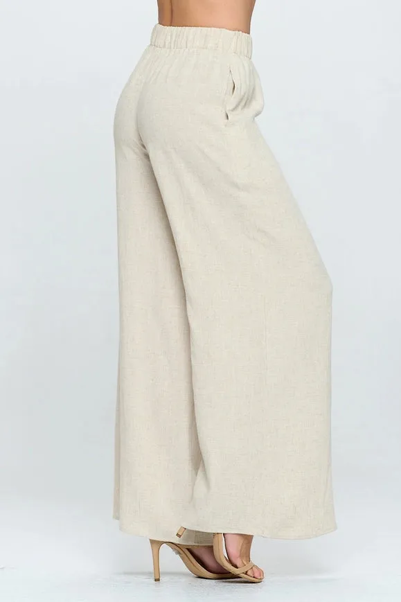 Solid Linen Wide Leg Pants With Pockets