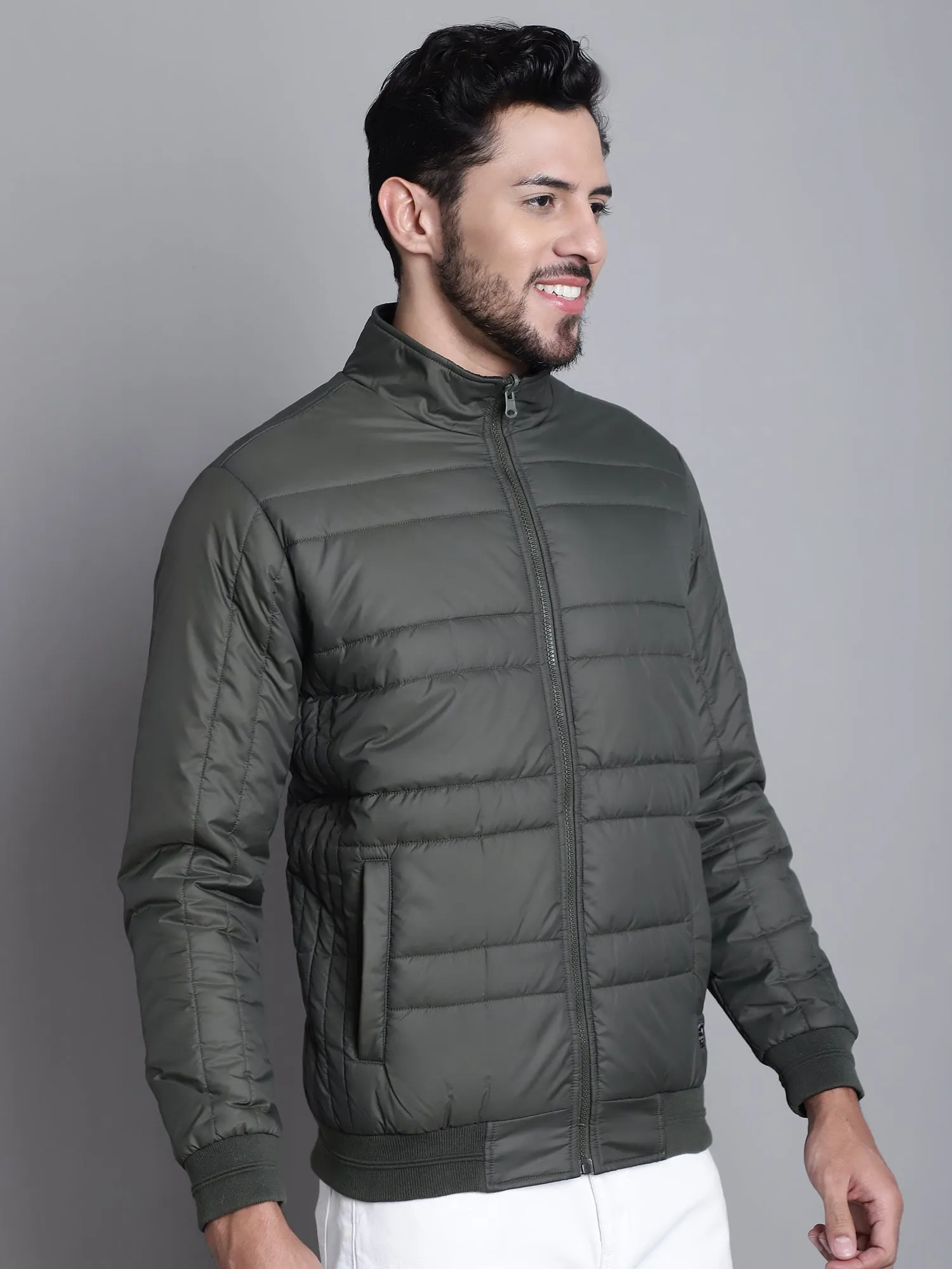 Solid Olive and Black Full Sleeves Mock Collar Regular Fit Reversible Casual Jacket For Men