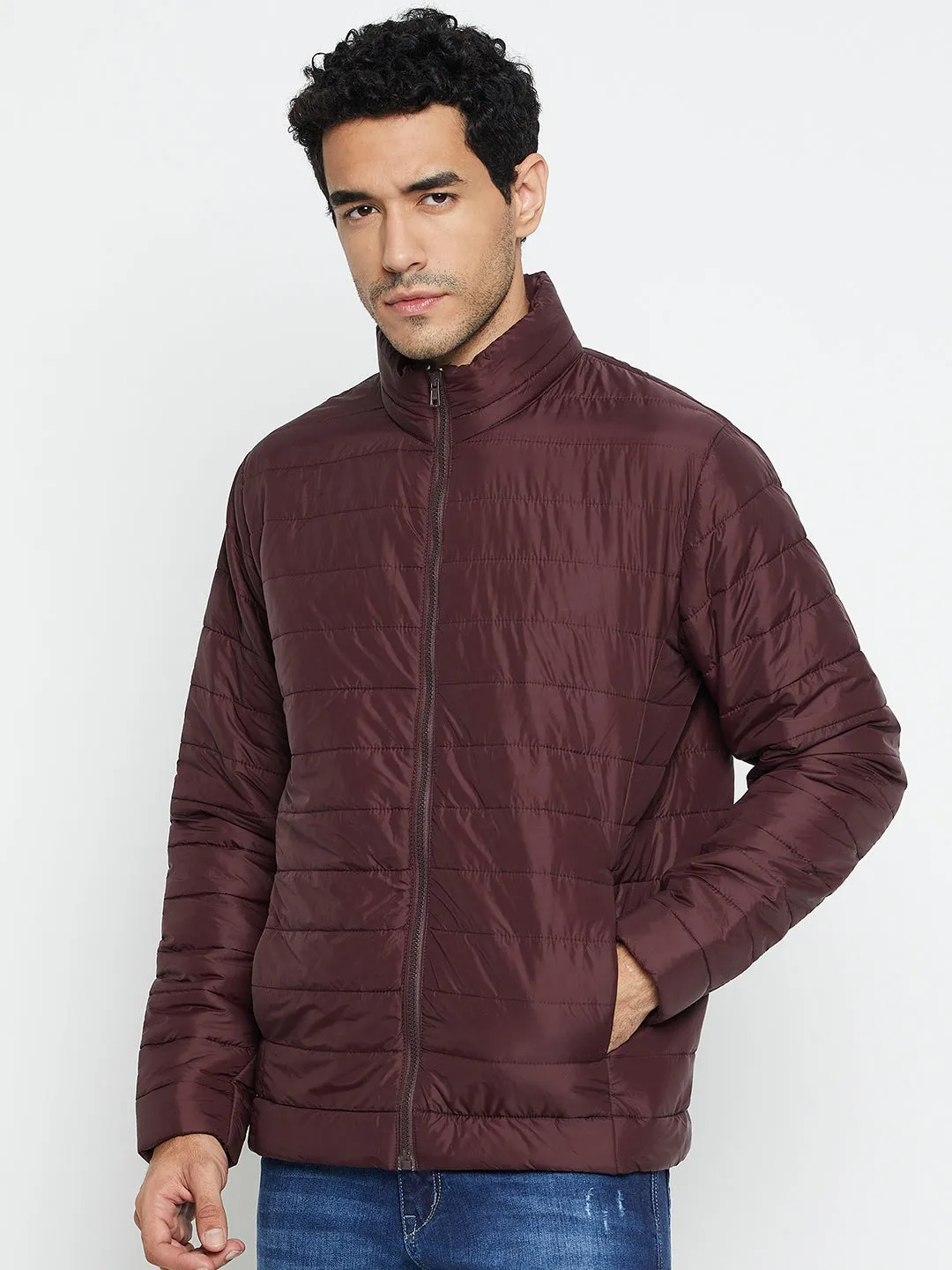 Solid Wine Full Sleeves Mock Collar Regular Fit Casual Jacket for Men