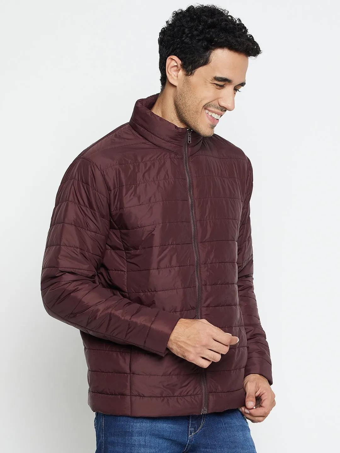 Solid Wine Full Sleeves Mock Collar Regular Fit Casual Jacket for Men