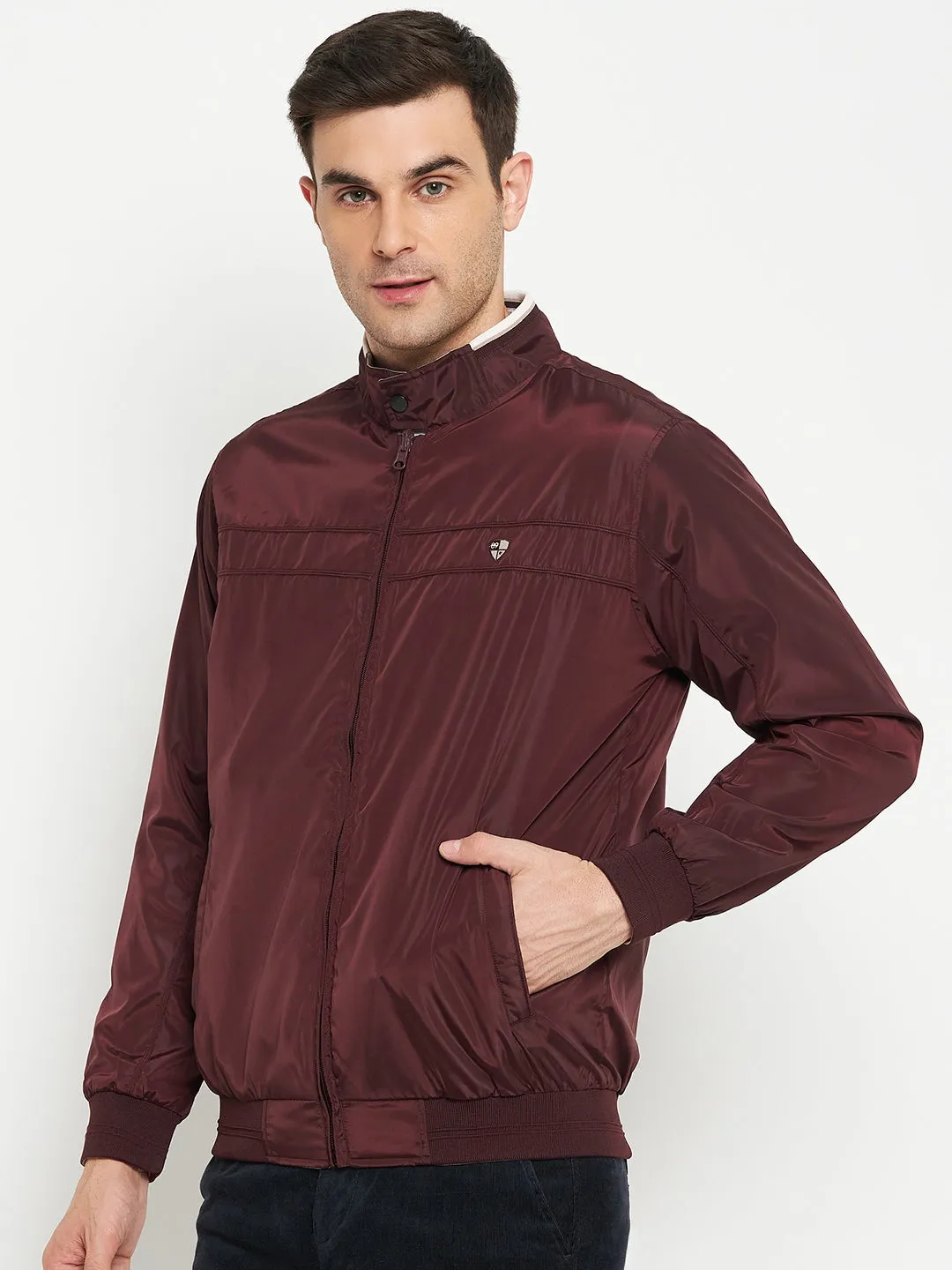 Solid Wine Full Sleeves Mock Collar Regular Fit Reversible Casual Jacket for Men