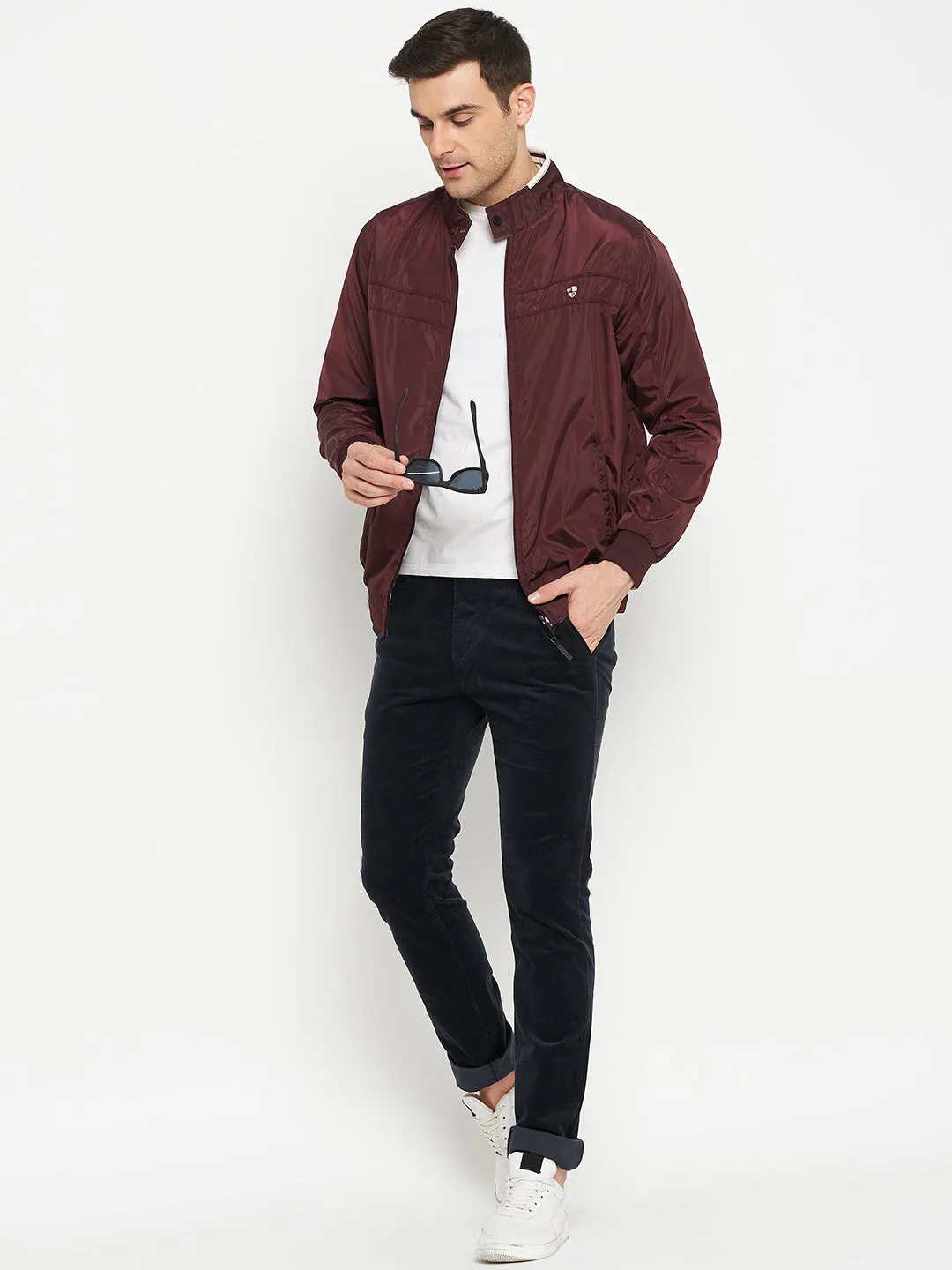 Solid Wine Full Sleeves Mock Collar Regular Fit Reversible Casual Jacket for Men