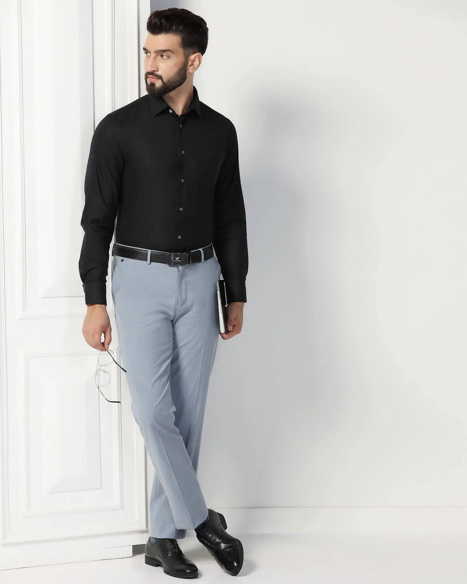 Straight B-90 Formal Light Blue Melange Solid Trouser - Eldorado