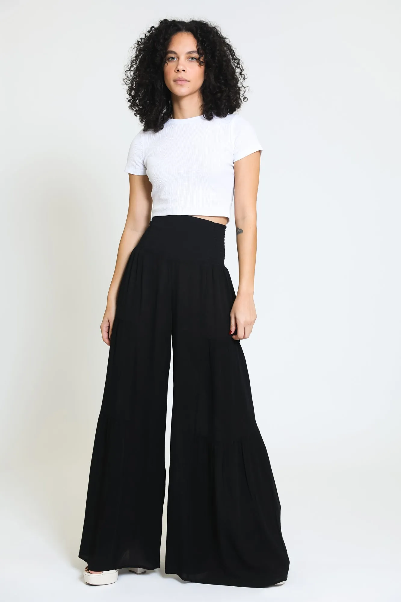 TIE WAIST TIERED WIDE LEG PANT - BLACK