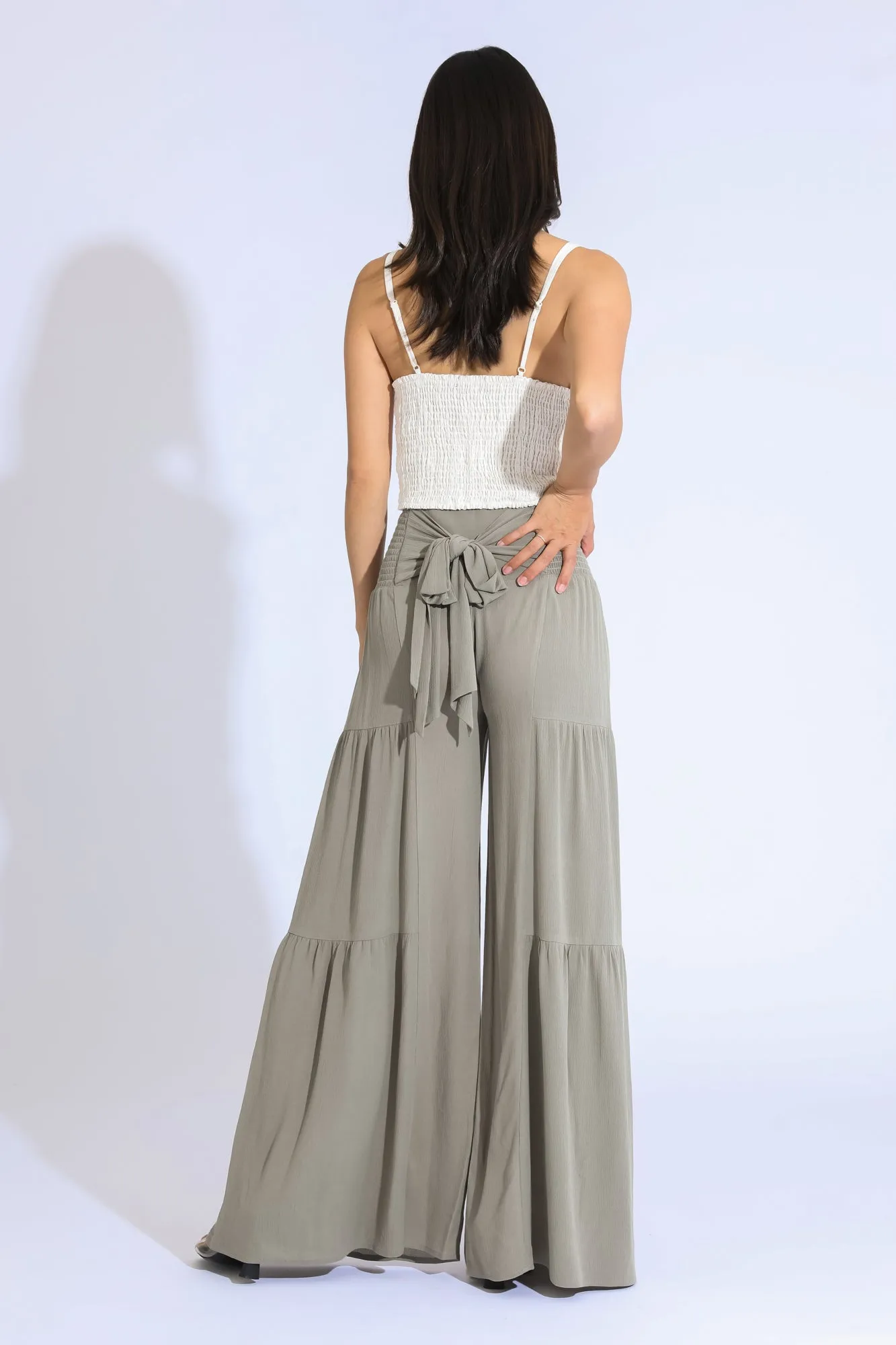 TIE WAIST TIERED WIDE LEG PANT - DUSTY SAGE