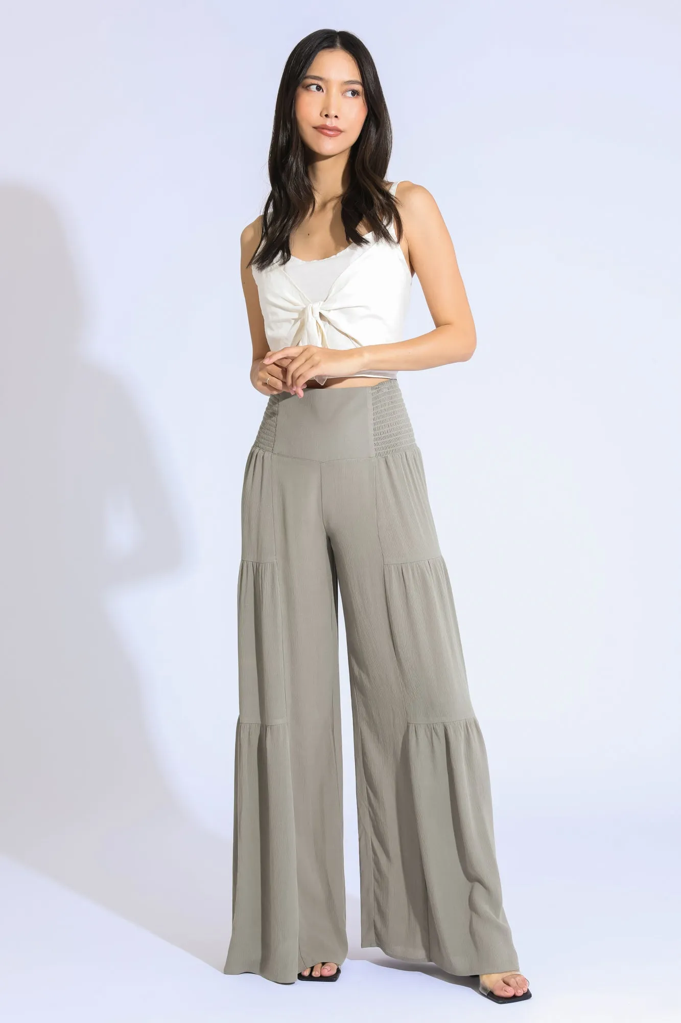 TIE WAIST TIERED WIDE LEG PANT - DUSTY SAGE