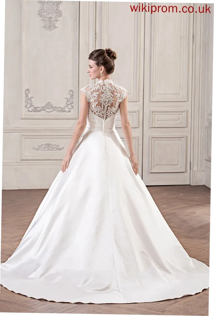 Train Dress V-neck Ball-Gown/Princess Wedding Wedding Dresses Court Ruffle Satin Brooklyn Lace With