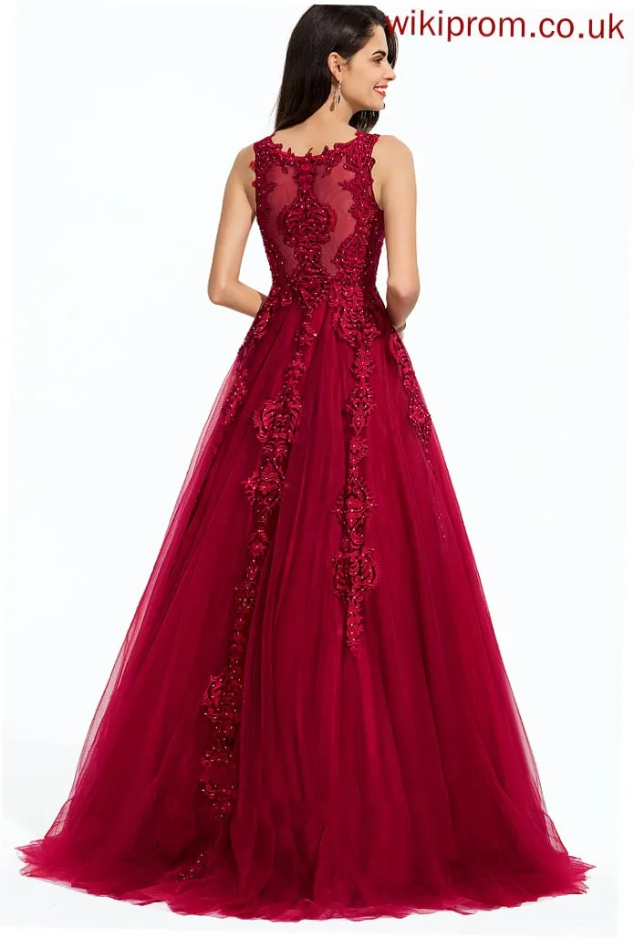 Tulle Prom Dresses Sweep With Beading Neck Raquel Train Ball-Gown/Princess Scoop