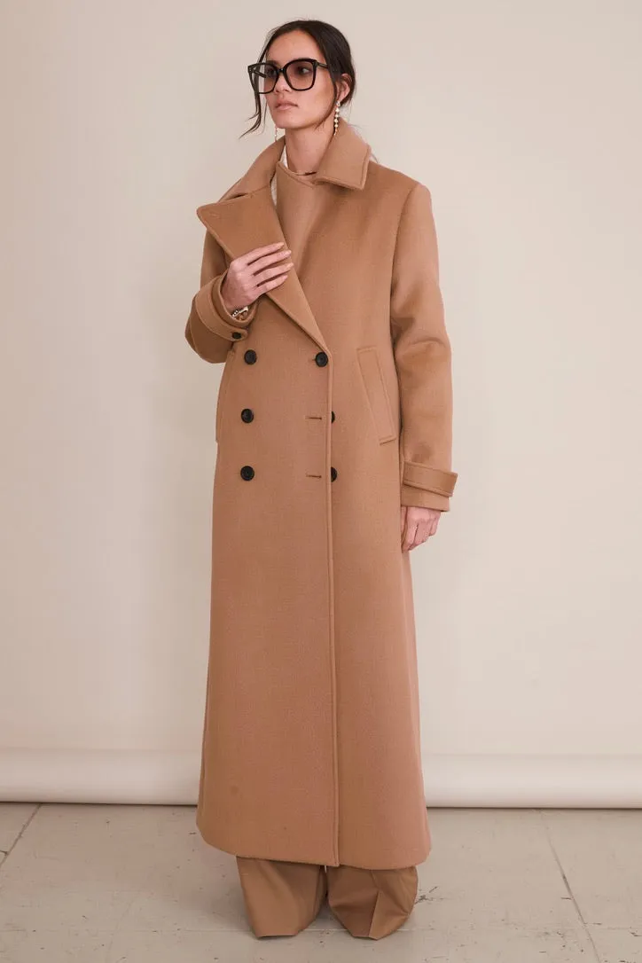 Vera Double Breasted Full Length Wool Peacoat in Classic Camel