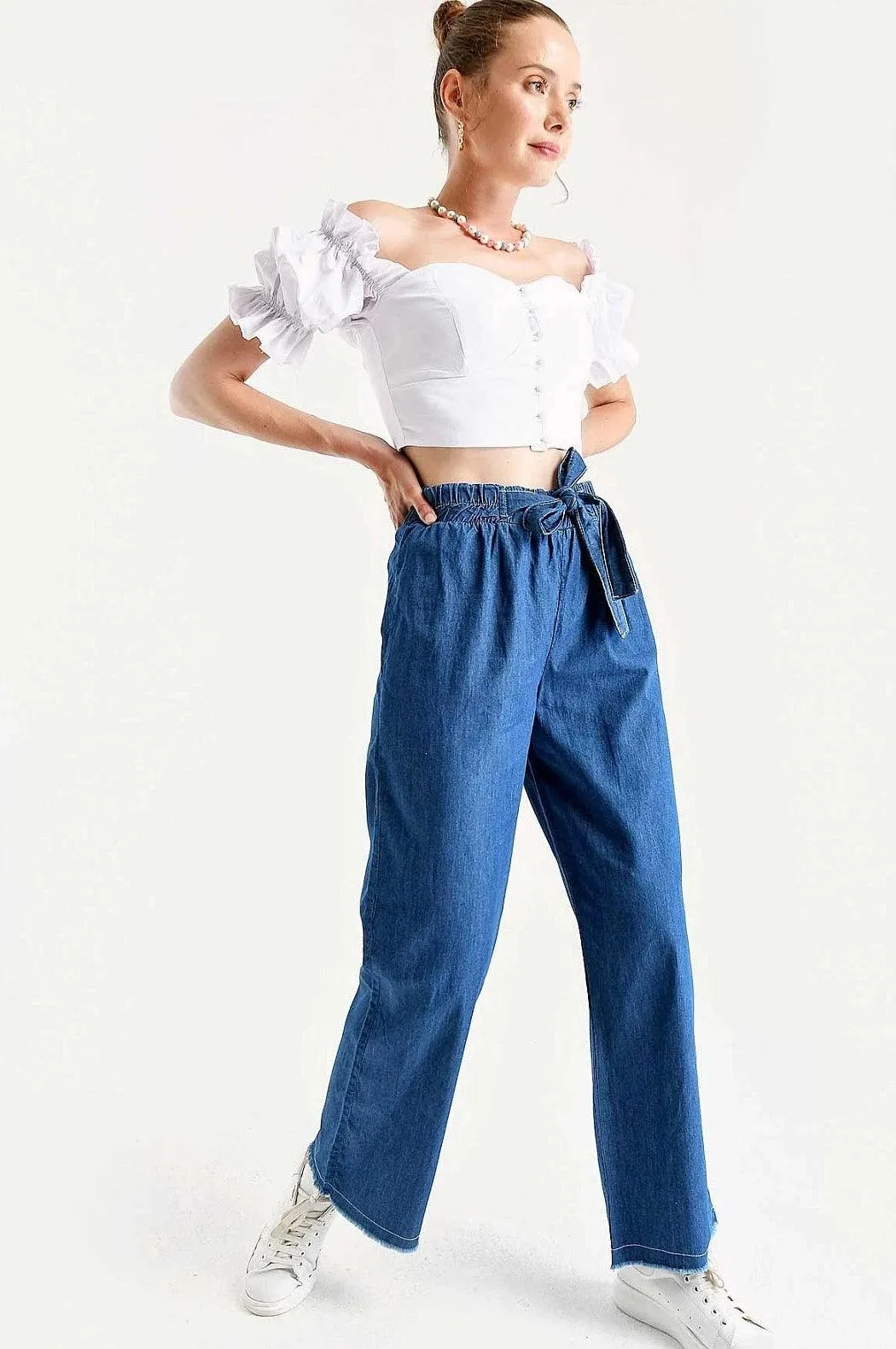 Wide Leg High Waist Womens Pants - Dark Blue