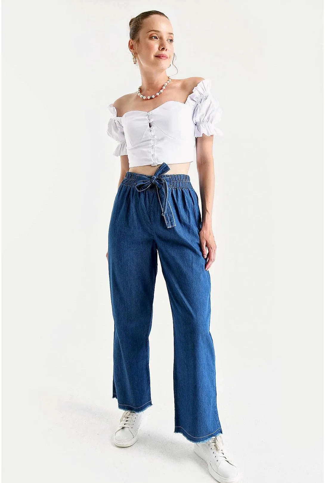 Wide Leg High Waist Womens Pants - Dark Blue