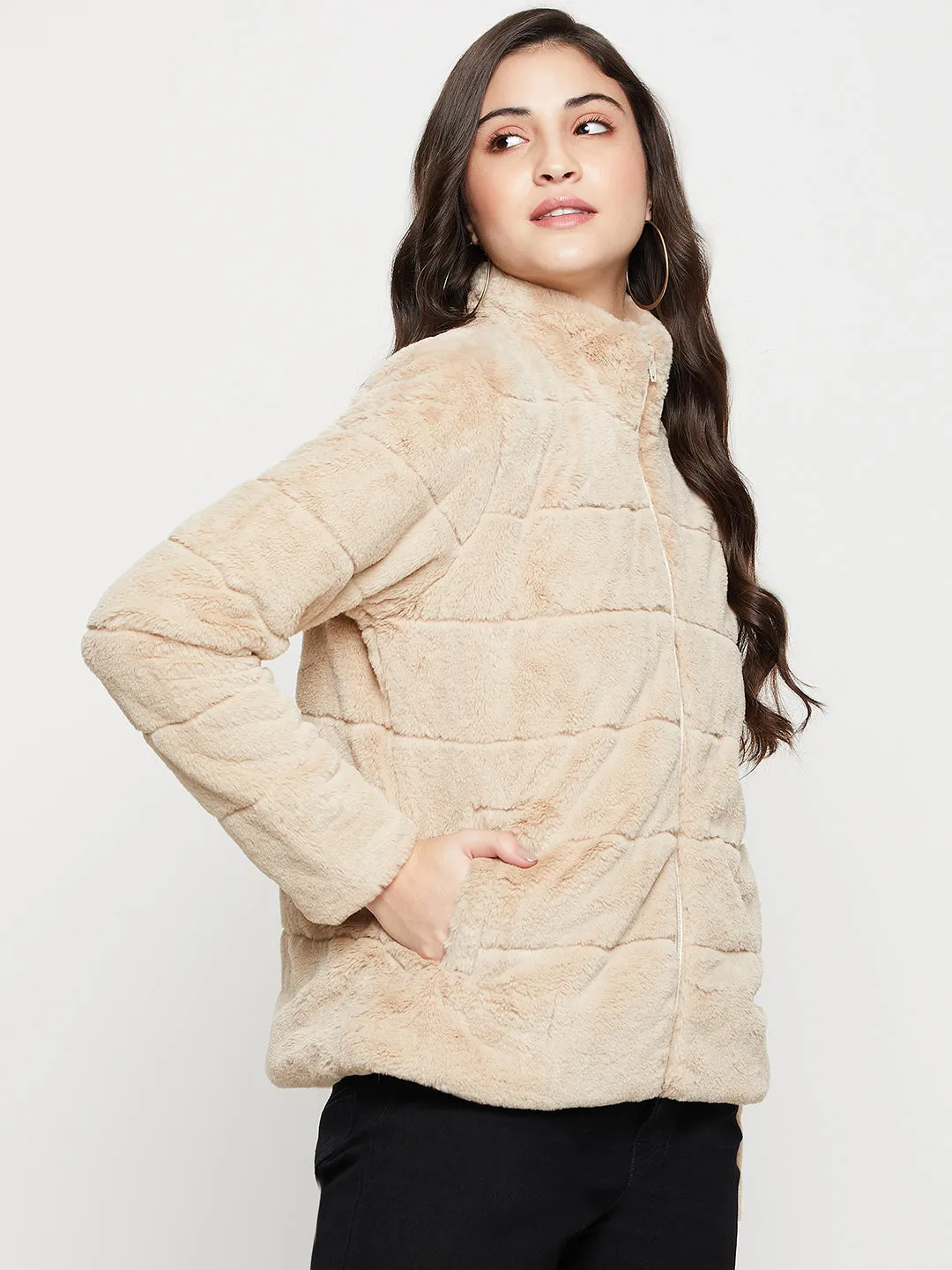 Women's Casual  Beige Soft Faux Fur  Jacket