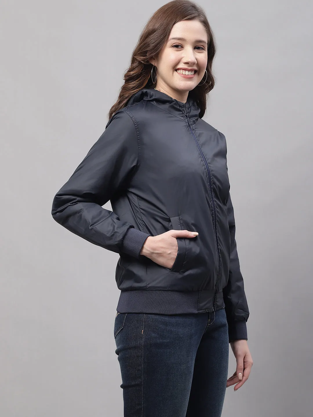 Women's Casual  Green Non quilted Hood   Reversible Jacket