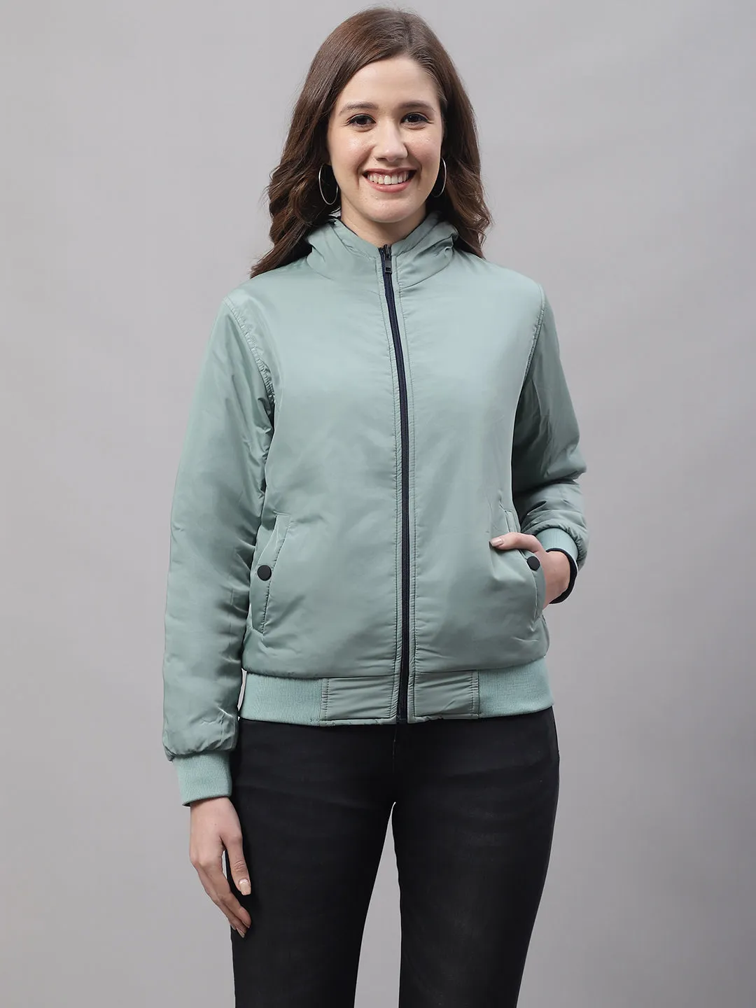 Women's Casual  Green Non quilted Hood   Reversible Jacket