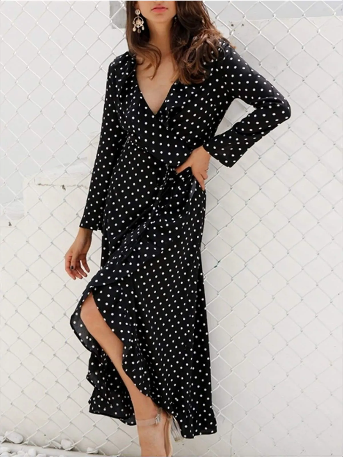 Women's Polka Dot Asymmetrical Ruffled Wrap Dress