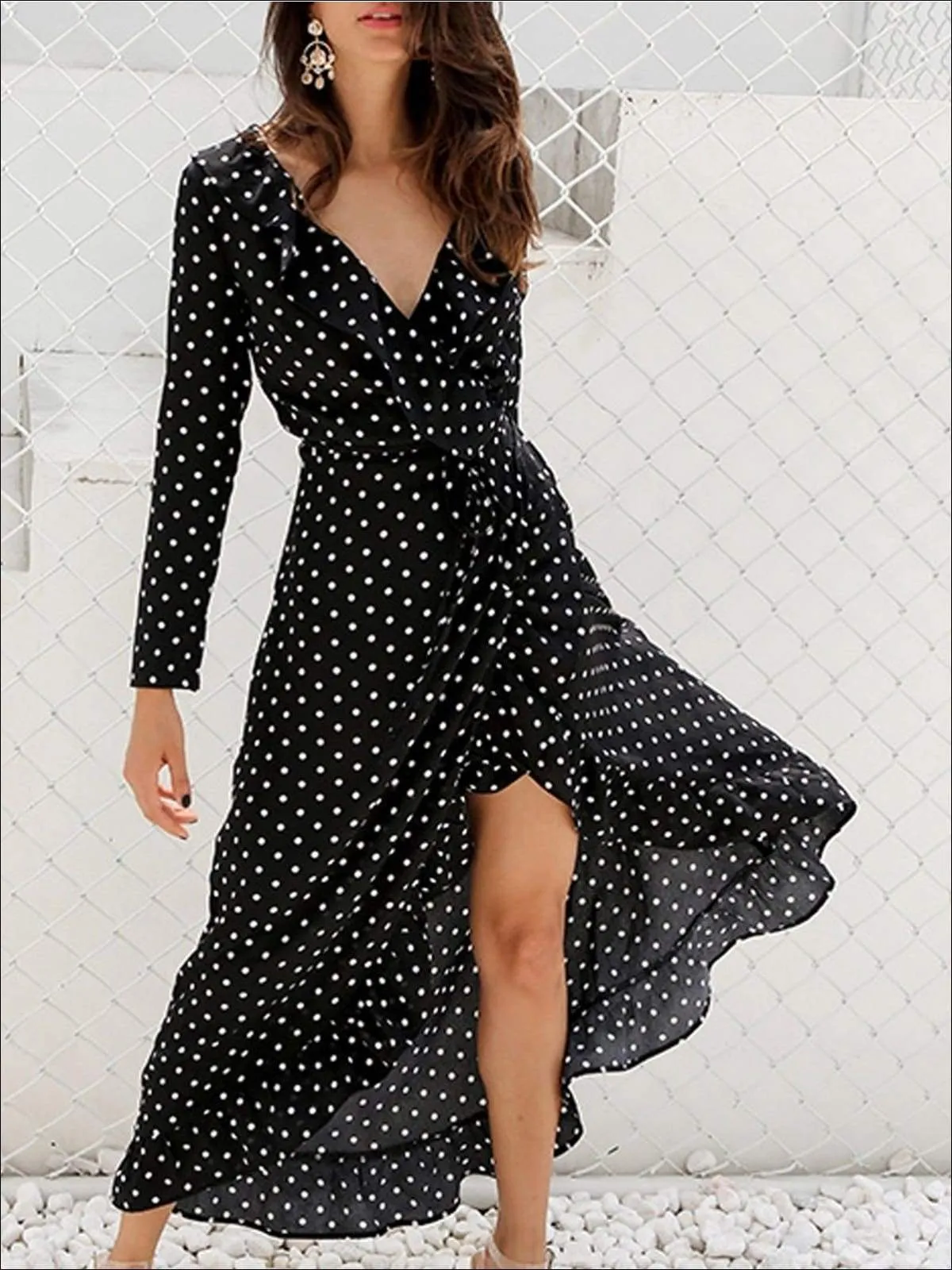 Women's Polka Dot Asymmetrical Ruffled Wrap Dress