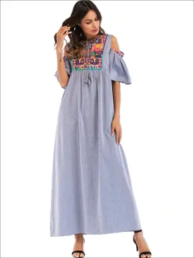 Women's Ruffled Cold Shoulder Maxi Dress With Embroidery Details