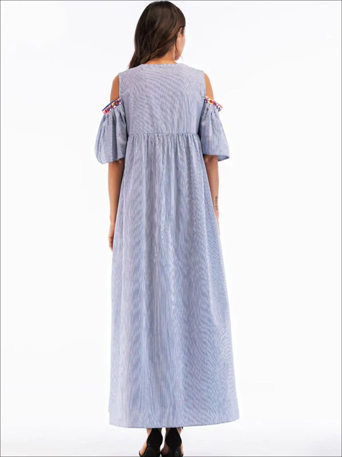 Women's Ruffled Cold Shoulder Maxi Dress With Embroidery Details