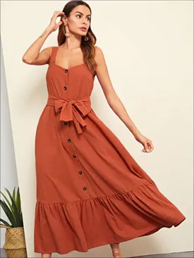 Women's Ruffled Sleeveless Buttoned Casual Maxi Dress