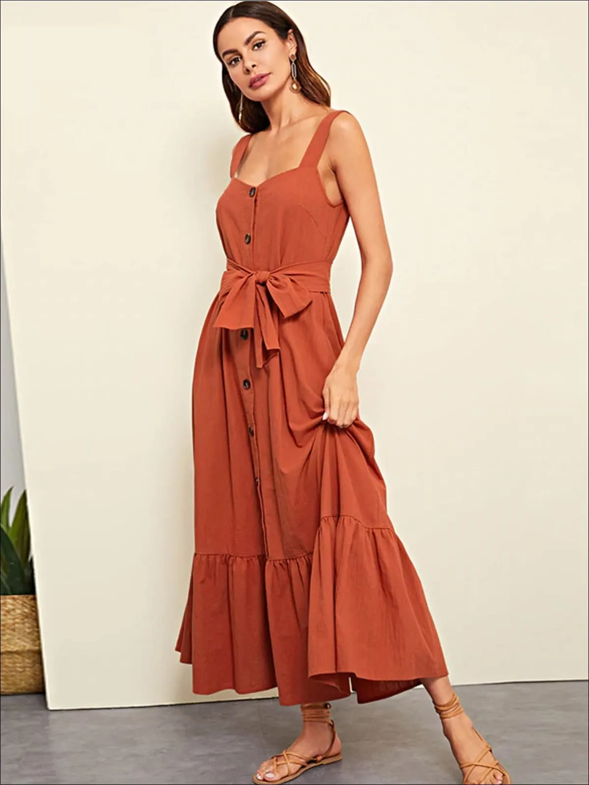 Women's Ruffled Sleeveless Buttoned Casual Maxi Dress