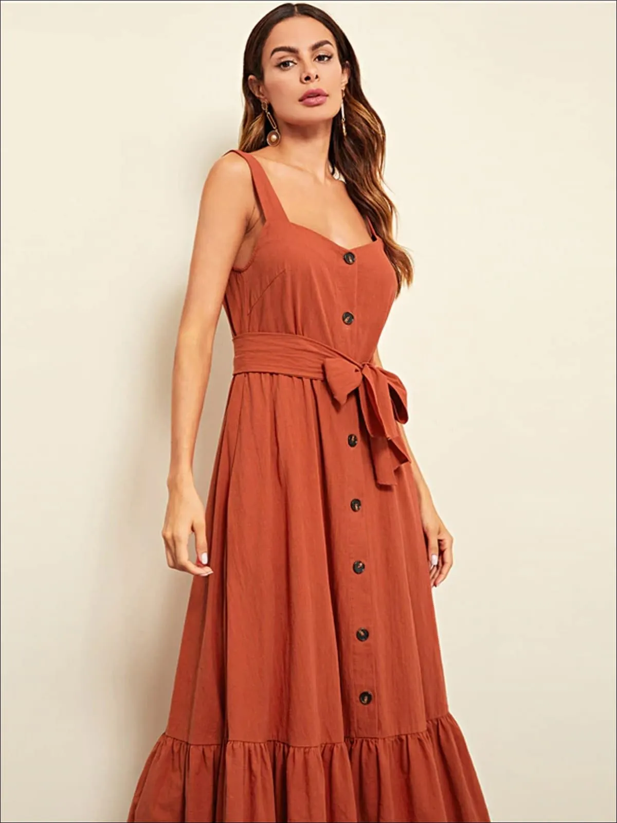 Women's Ruffled Sleeveless Buttoned Casual Maxi Dress