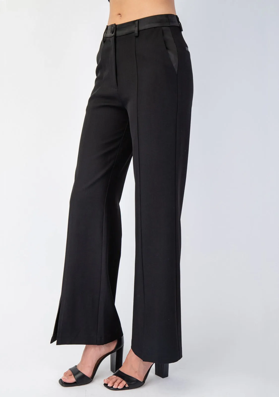 Woven Tailored Pants With Satin Contrast Insert